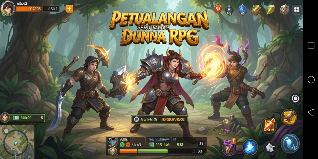 Screenshot gameplay RPG yang menampilkan pertempuran seru dan karakter yang kuat.