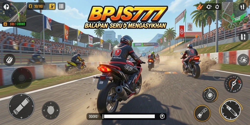 Screenshot gameplay BPJS777 yang menunjukkan aksi balapan motor yang seru.