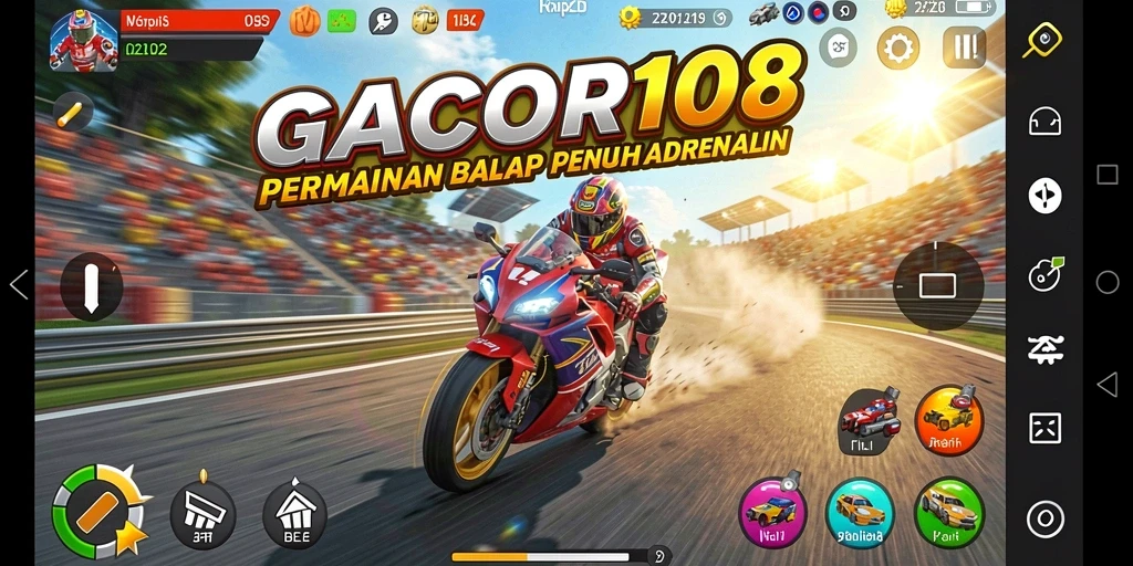 Tampilan gameplay utama GACOR108 menampilkan balapan mendebarkan di trek yang menantang.