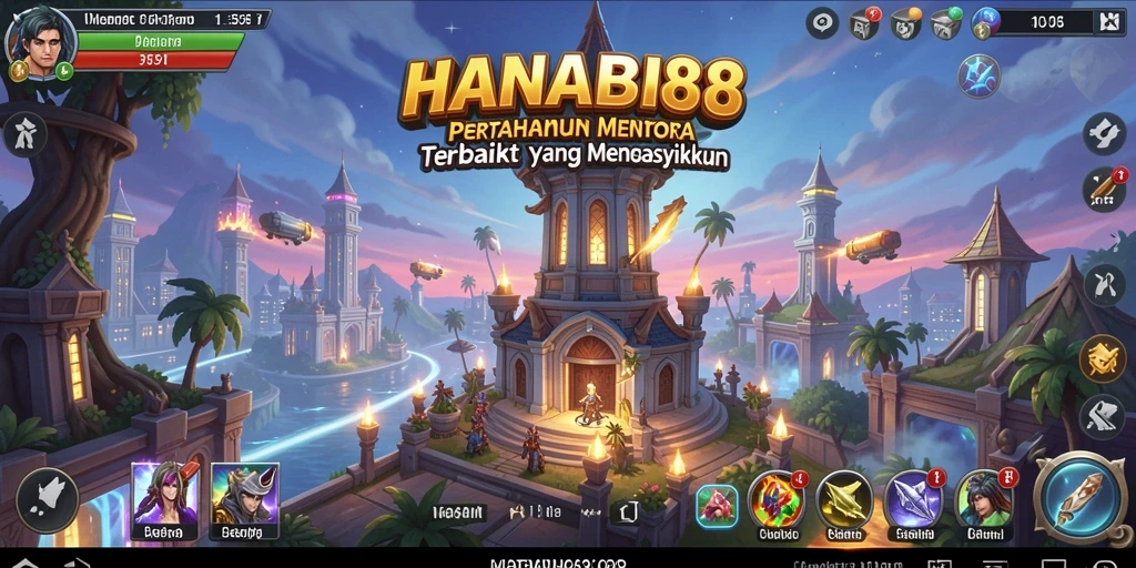 Tangkapan layar gameplay HANABI88 menampilkan pertahanan menara yang megah dan strategi bertahan.