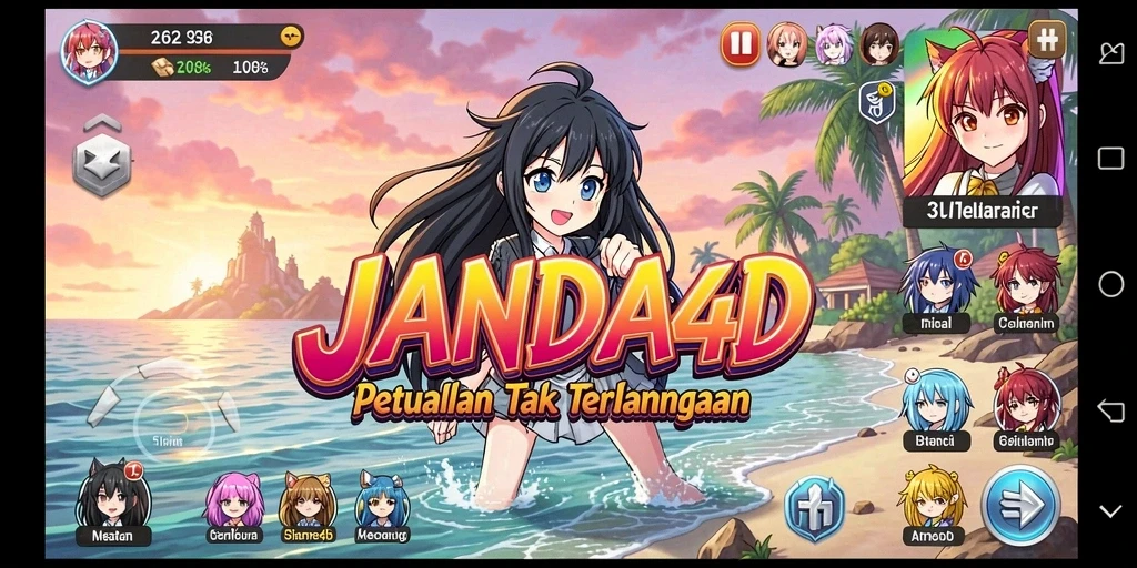Gameplay JANDA4D dengan karakter anime yang berwarna-warni dan dinamis.