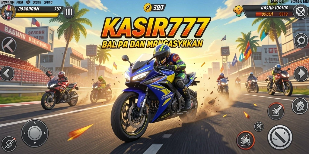 Tampilan gameplay seru dalam KASIR777 dengan balapan motor cepat.