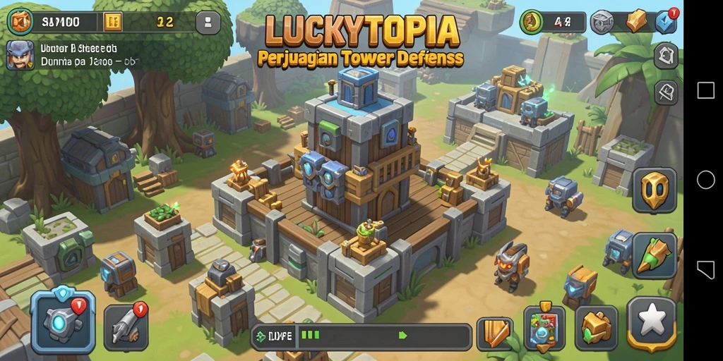 Screenshot gameplay <strong>LUCKYTOPIA</strong> menunjukkan strategi pertahanan yang menegangkan.