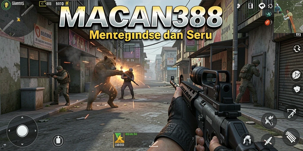 Tampilan gameplay menegangkan dari MACAN388 dengan aksi tembak-menembak.
