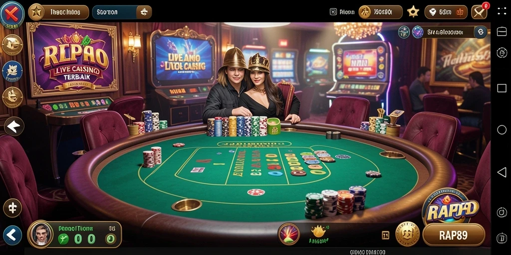 Screenshot gameplay <strong>RAP89</strong> yang menampilkan dealer langsung dan suasana kasino.