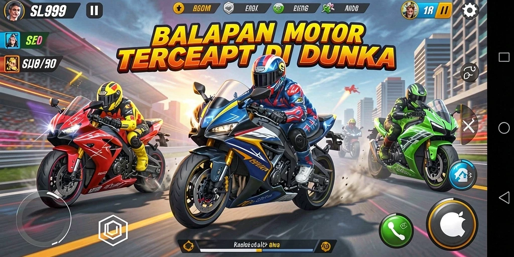 Screenshot SL999 yang menampilkan balapan motor yang mendebarkan.