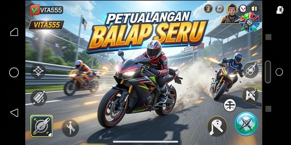 Tampilan gameplay VITA555 dengan balapan motor yang mendebarkan.
