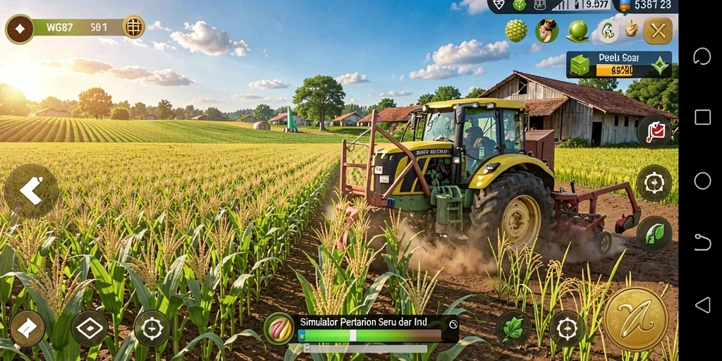 Screenshot utama WG87 menampilkan petani yang sedang merawat kebun dan ternak.